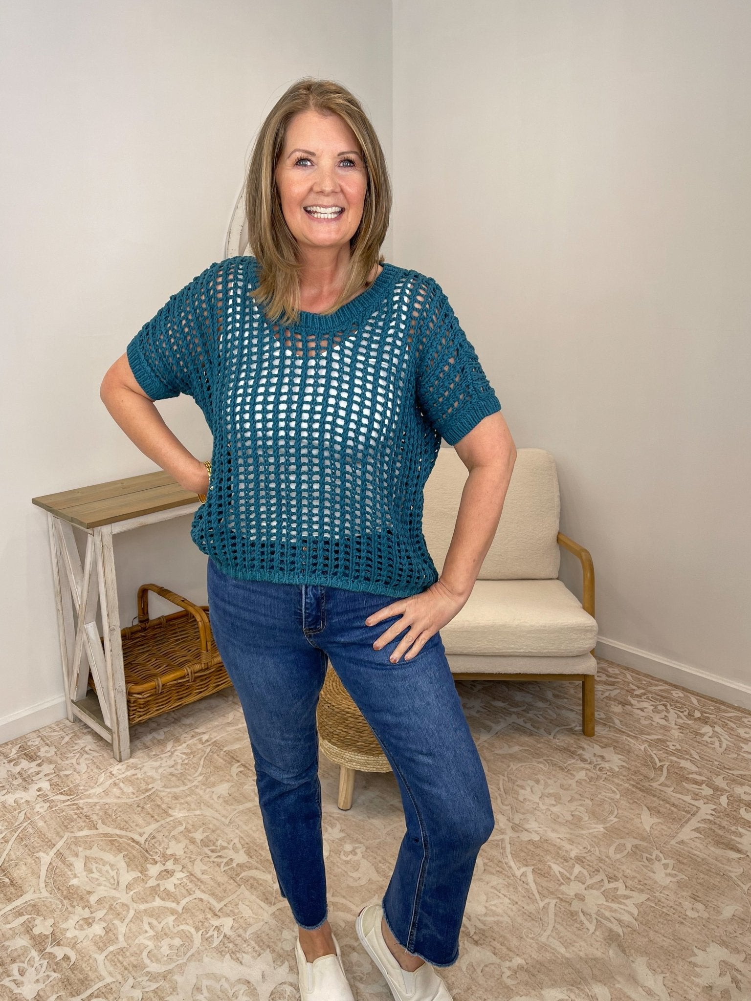 Fishnet Crochet Short Sleeve Sweater – Boho Mesh Knit Top - Lavender HillsZenanaTW-2406A-PNK-SM