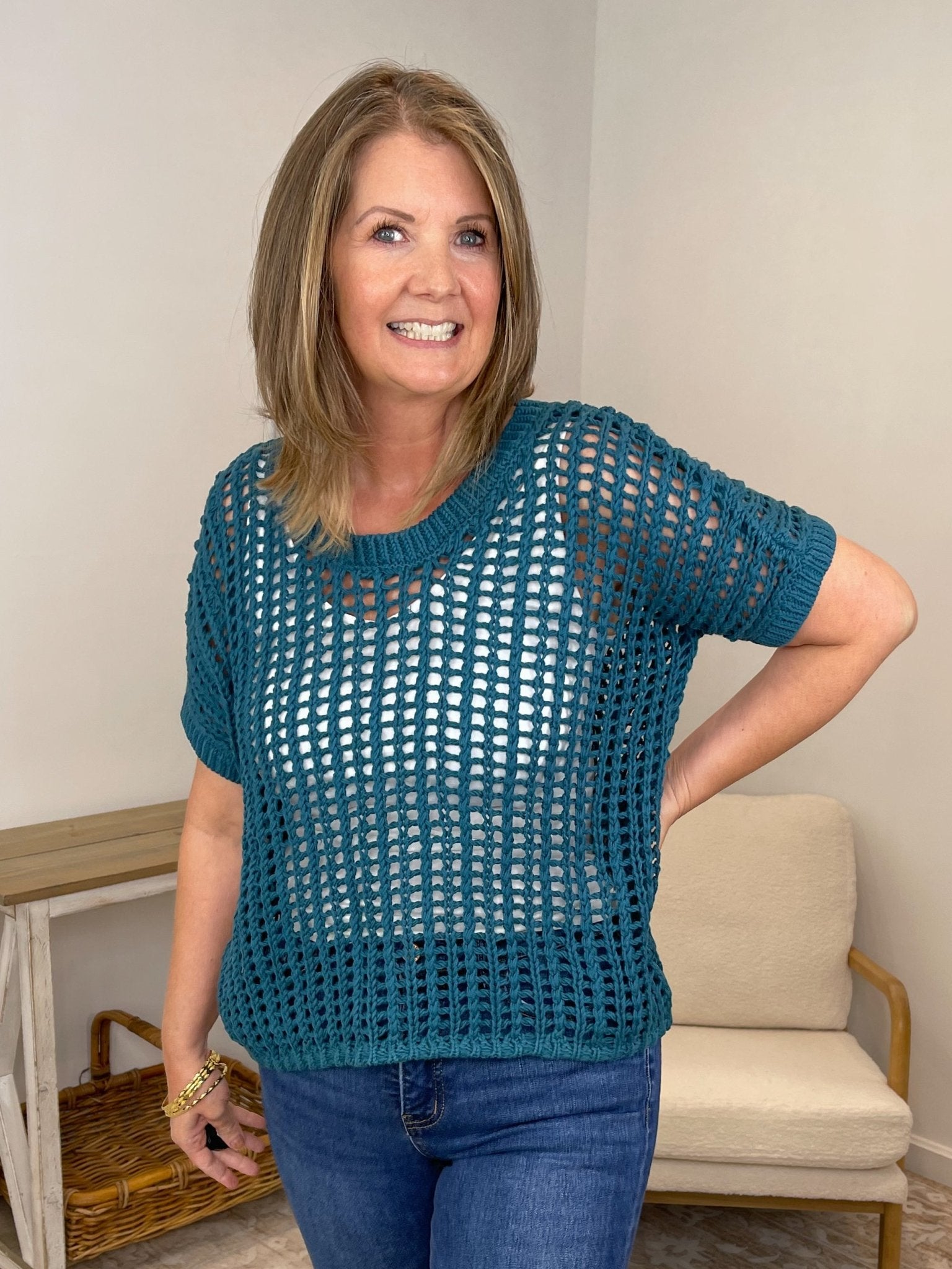 Fishnet Crochet Short Sleeve Sweater – Boho Mesh Knit Top - Lavender HillsZenanaTW-2406A-PNK-SM