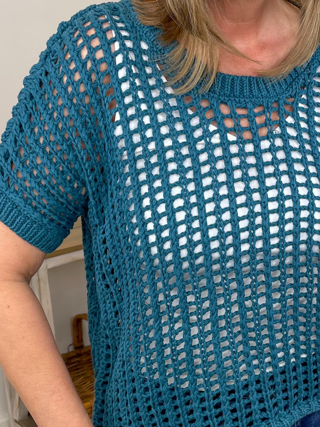 Fishnet Crochet Short Sleeve Sweater – Boho Mesh Knit Top