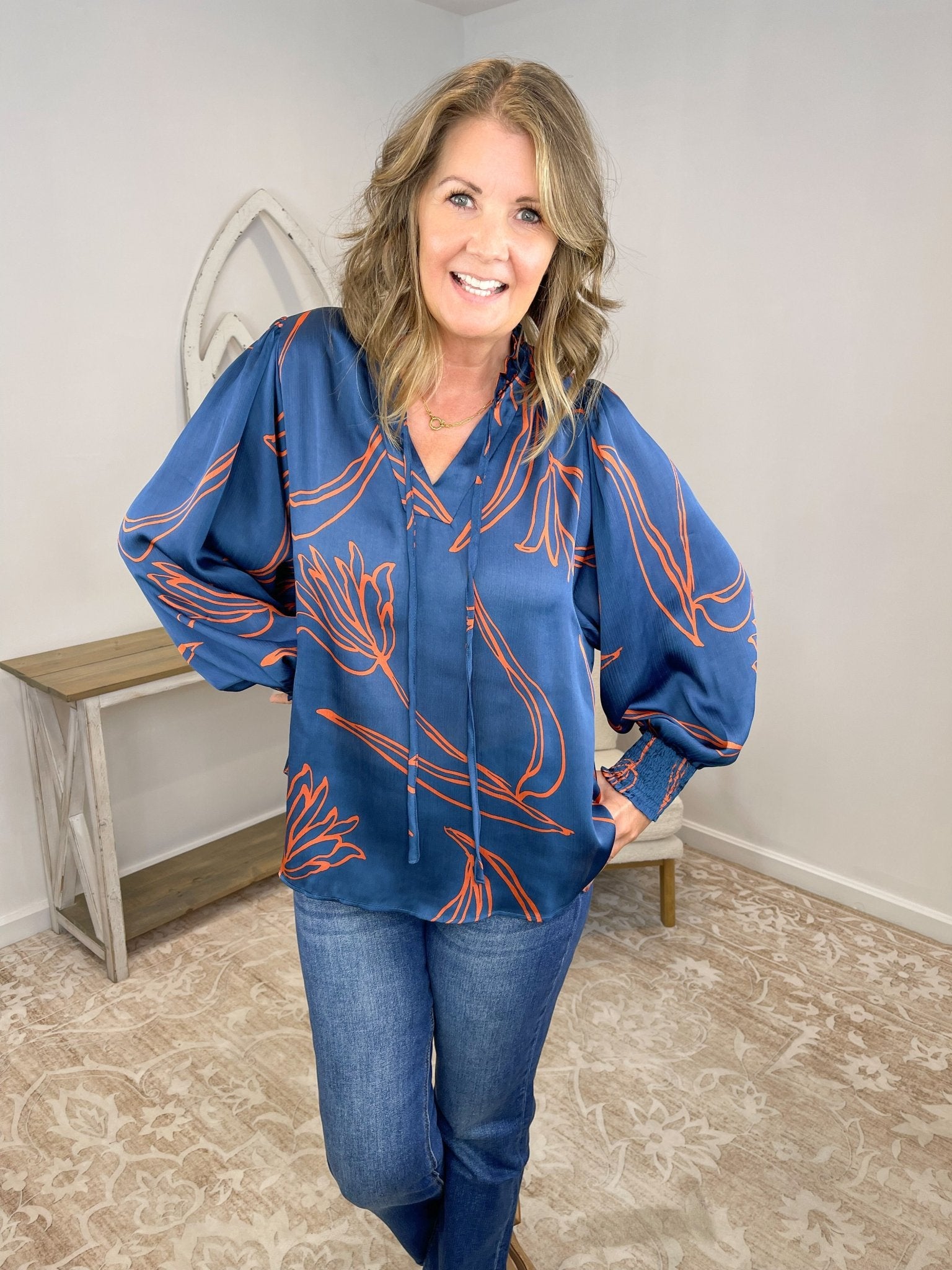 Teal Abstract Floral Crinkled Satin Blouse - Lavender HillsEaselET70097A-TEL-S