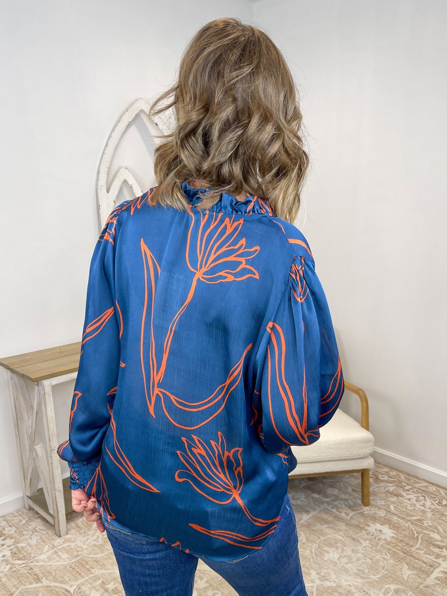 Teal Abstract Floral Crinkled Satin Blouse - Lavender HillsEaselET70097A-TEL-S