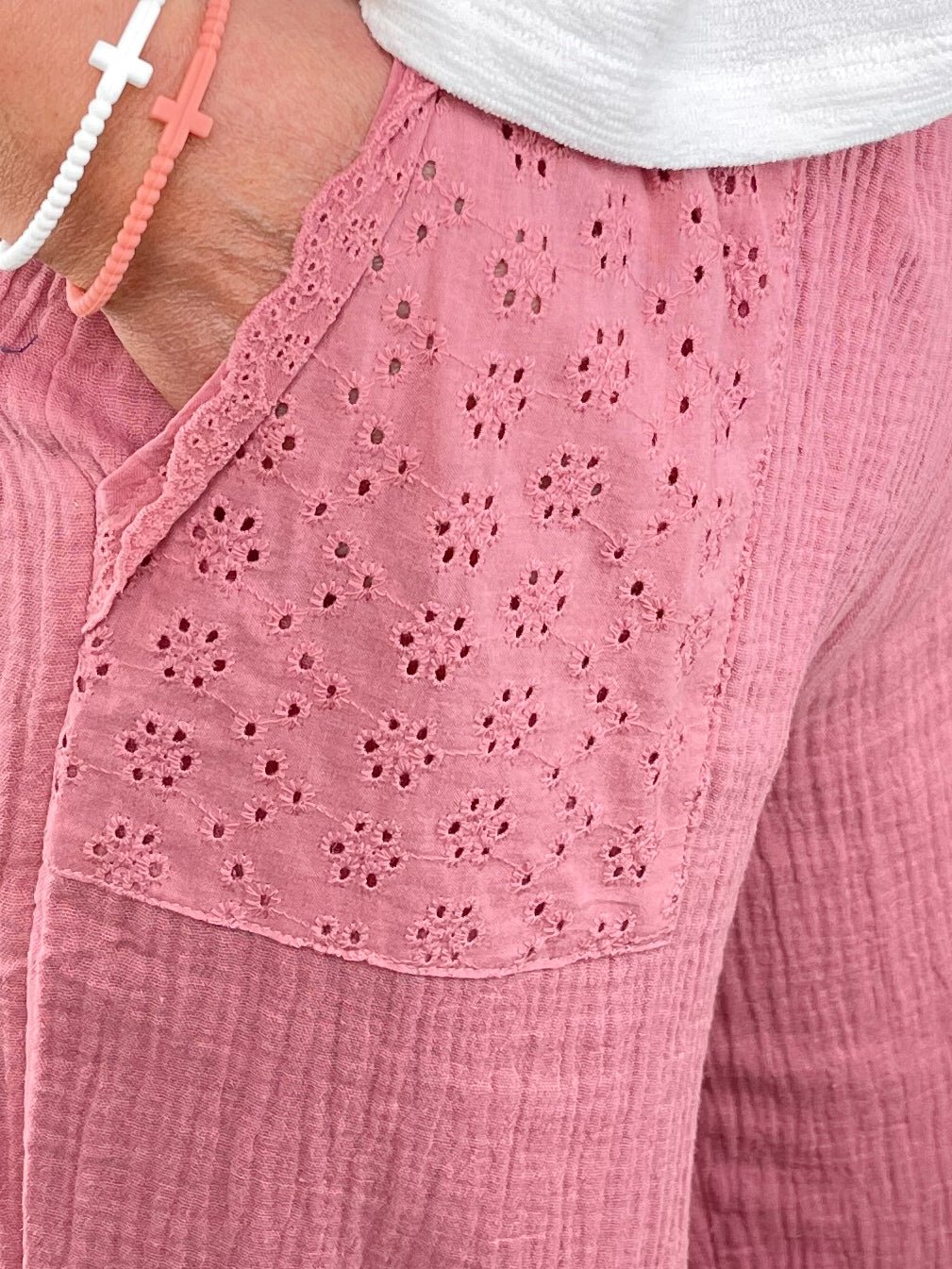 Umgee Rose Pink Wide Leg Gauze Pants with Eyelet Lace Detail - Lavender Hills BeautyUmgee USAWH-UMG-RSEPINK-S