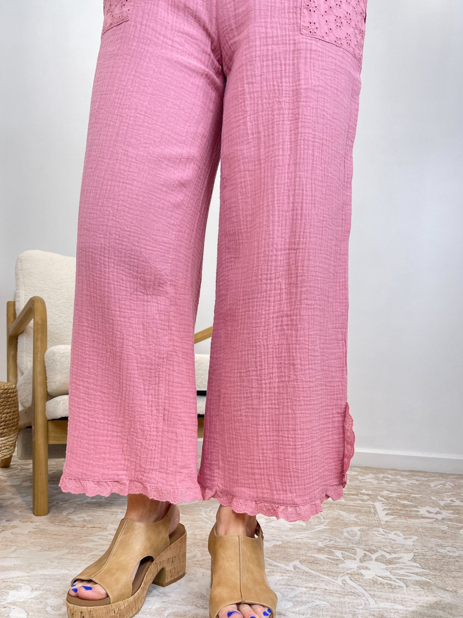 Umgee Rose Pink Wide Leg Gauze Pants with Eyelet Lace Detail - Lavender Hills BeautyUmgee USAWH-UMG-RSEPINK-S
