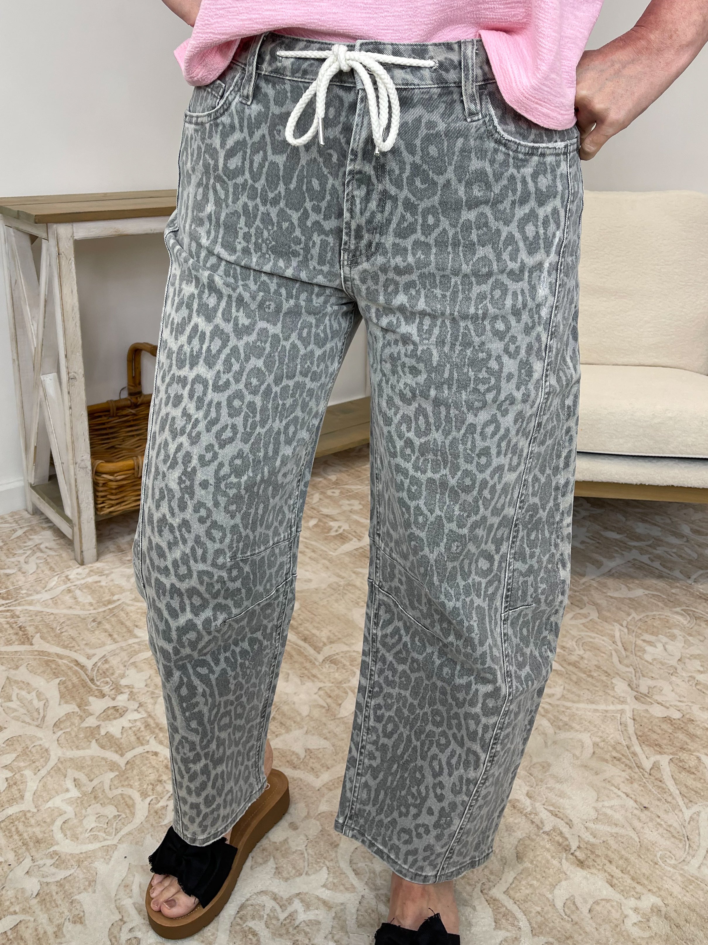 Vervet Grey Leopard High-Rise Drawstring Barrel Jeans