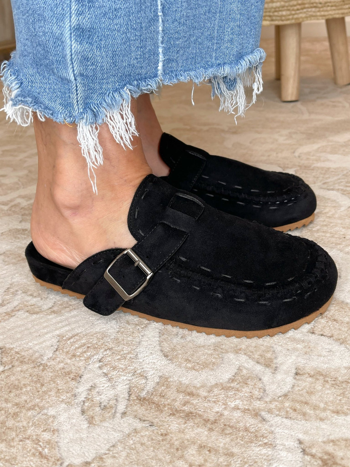 Very G Bella Vegan Suede Whipstitch Slip-On Mule Clog - Black - Lavender HillsVery G
