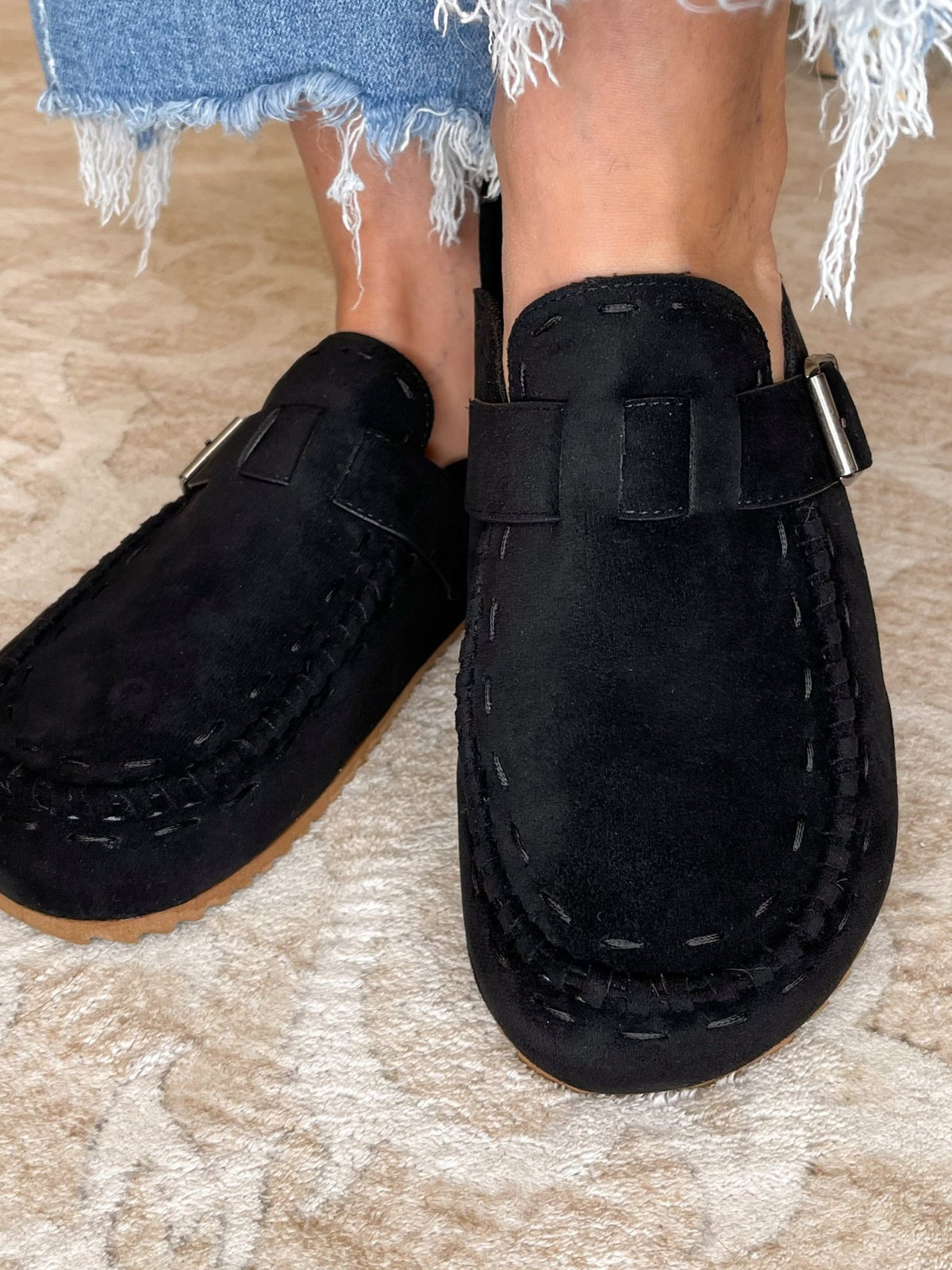 Very G Bella Vegan Suede Whipstitch Slip-On Mule Clog - Black - Lavender HillsVery G