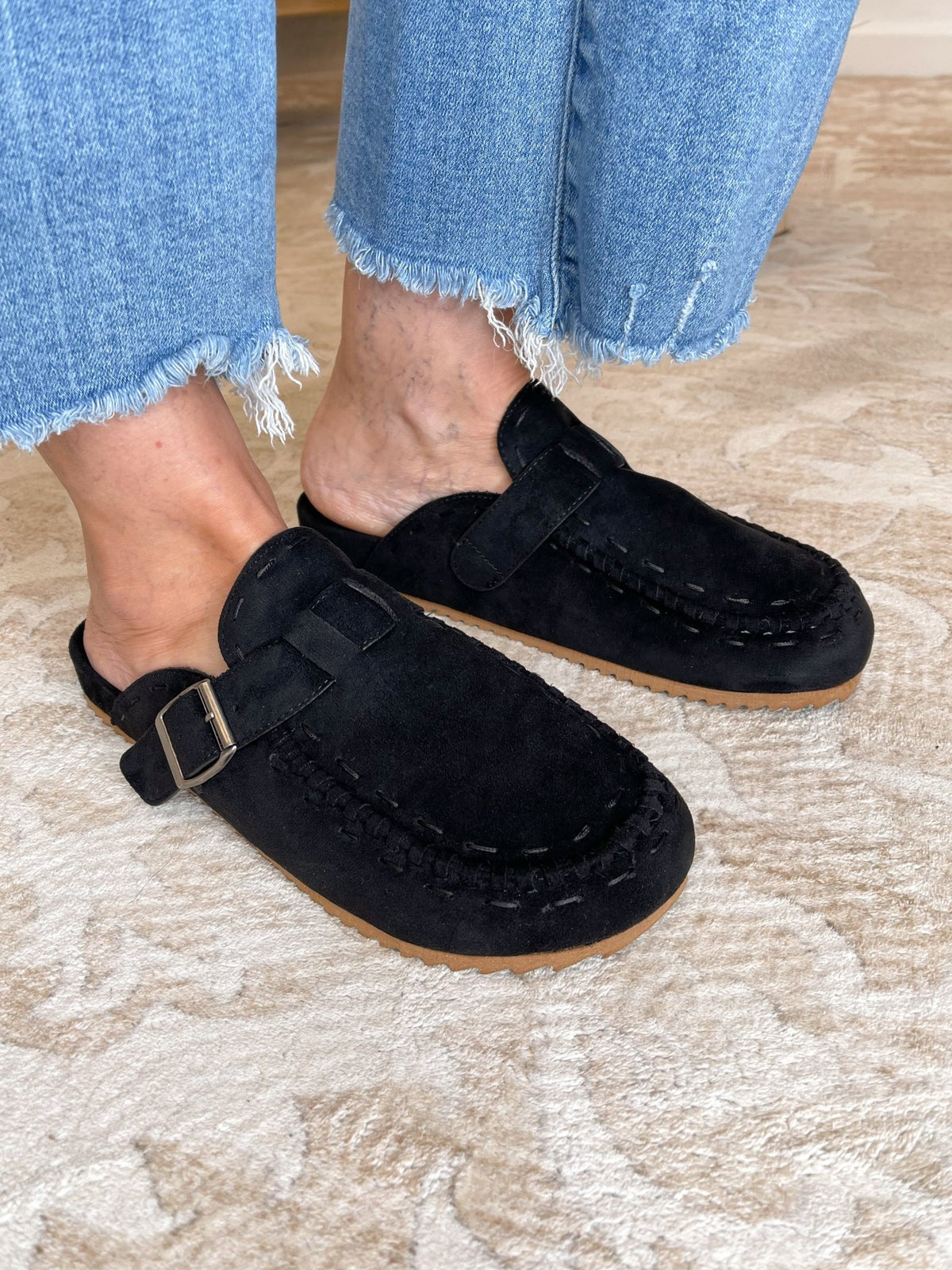 Very G Bella Vegan Suede Whipstitch Slip-On Mule Clog - Black - Lavender HillsVery G