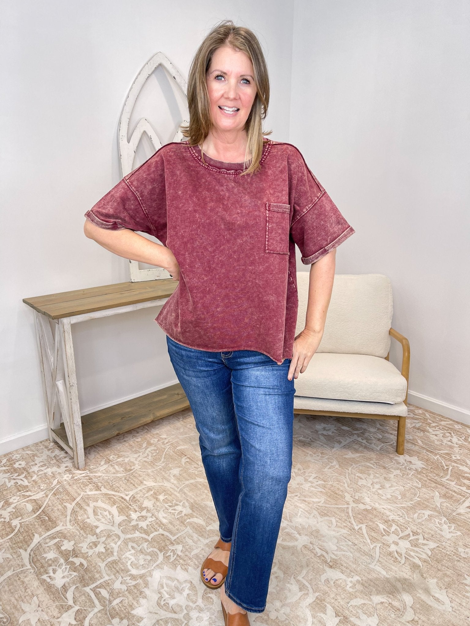 Vintage Acid Wash Exposed Seam French Terry Top Shirt - Lavender Hills BeautyZenana