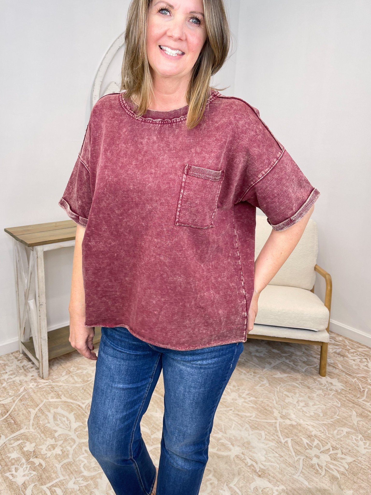 Vintage Acid Wash Exposed Seam French Terry Top Shirt - Lavender Hills BeautyZenana