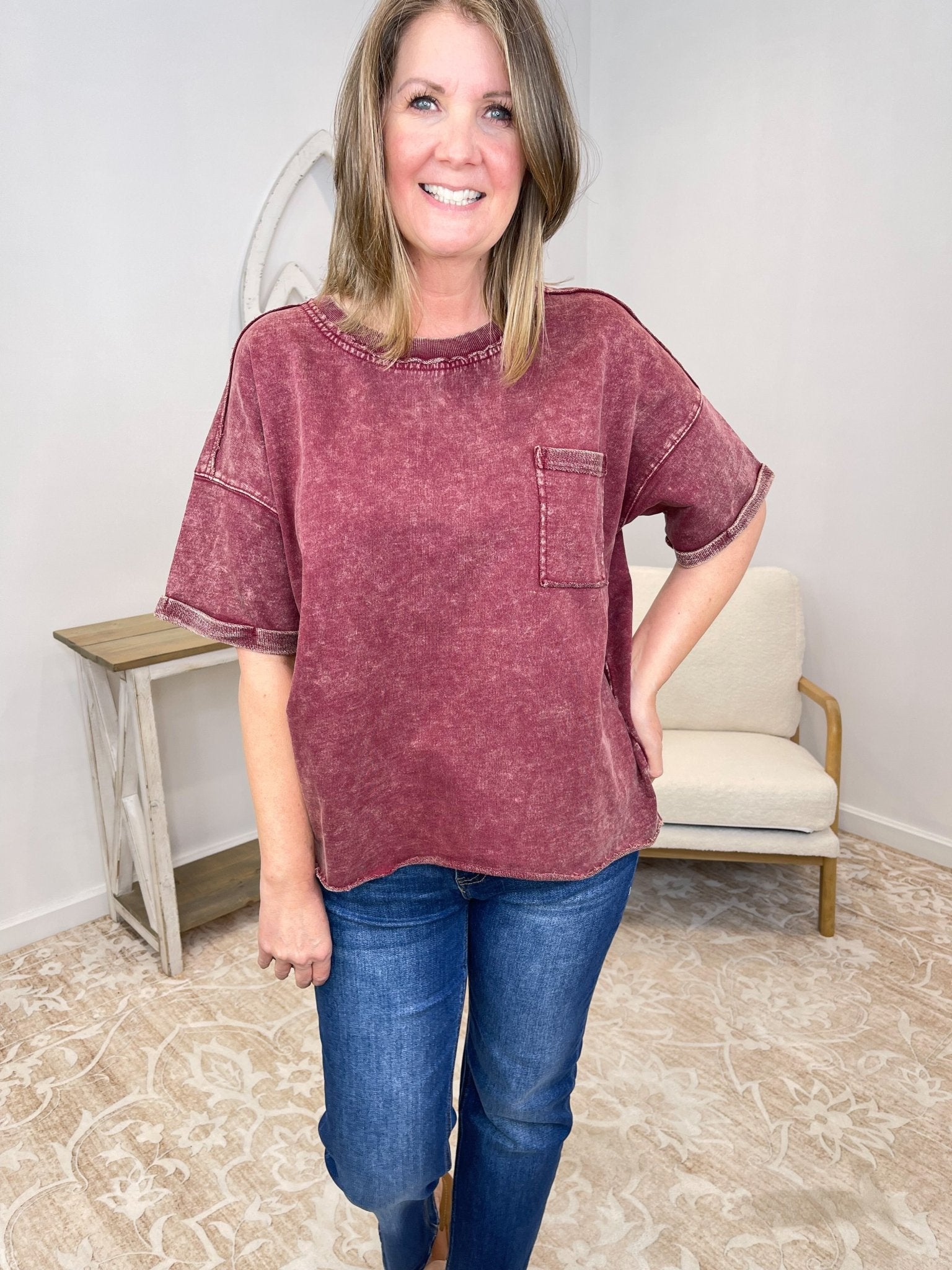 Vintage Acid Wash Exposed Seam French Terry Top Shirt - Lavender Hills BeautyZenana