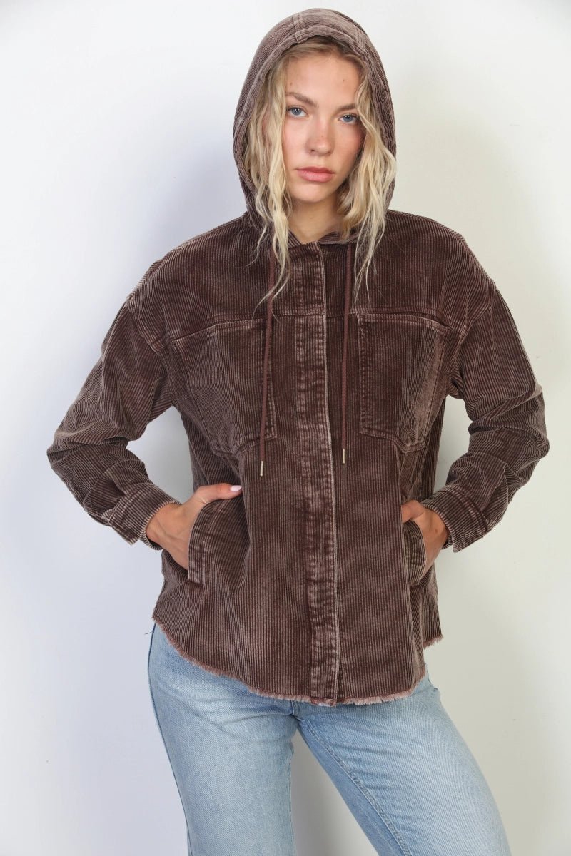 Vintage Wash Corduroy Hoodie Jacket - Raw Edge Brown - Lavender Hills26 International36691-S