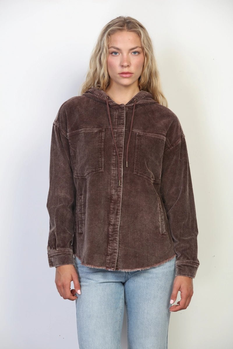 Vintage Wash Corduroy Hoodie Jacket - Raw Edge Brown - Lavender Hills26 International36691-S