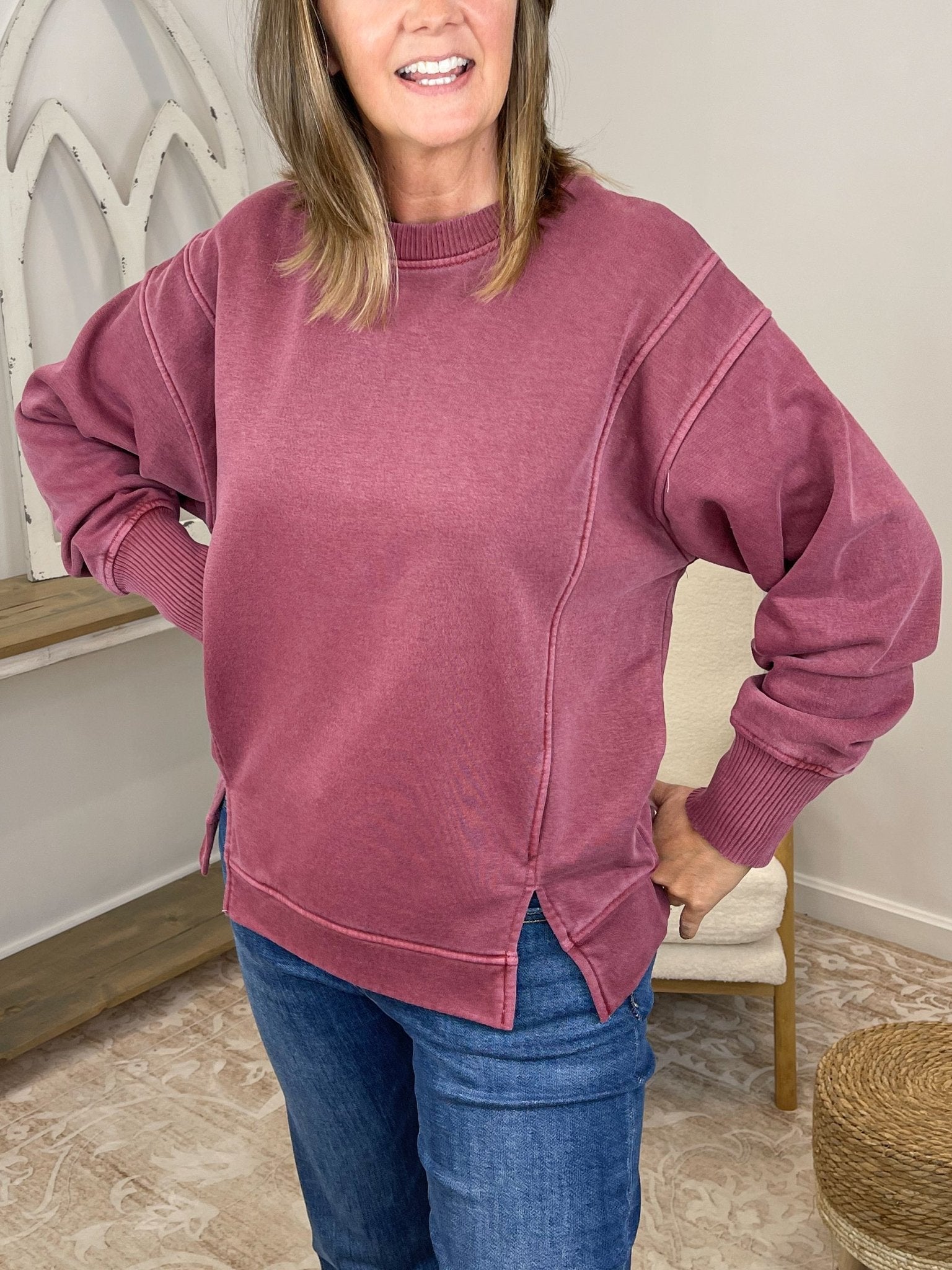 Vintage-Wash Exposed Seam Oversized Fleece Sweatshirt - Lavender HillsZenanaOTW-4577Y-NVY-S