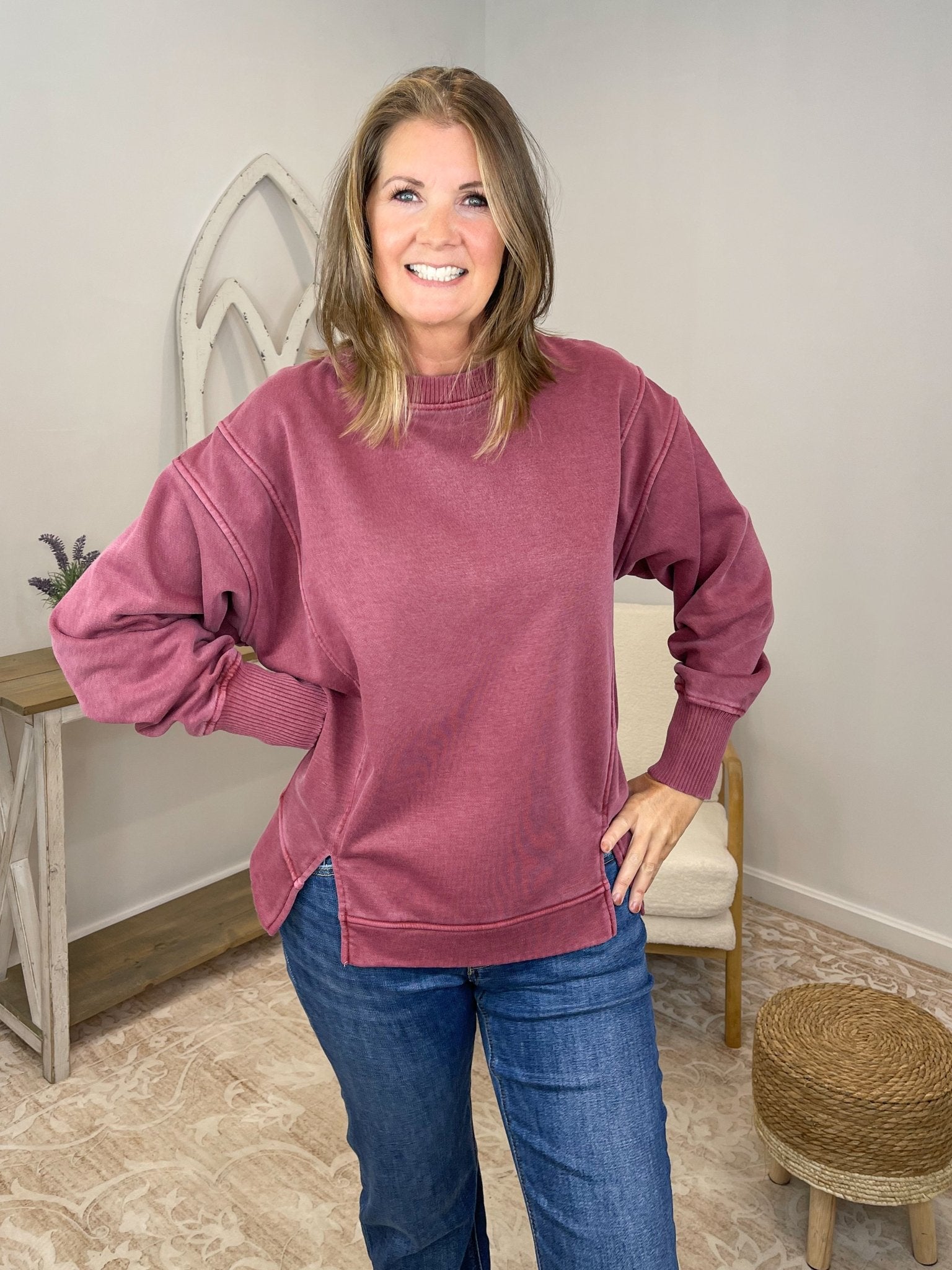 Vintage-Wash Exposed Seam Oversized Fleece Sweatshirt - Lavender HillsZenanaOTW-4577Y-NVY-S