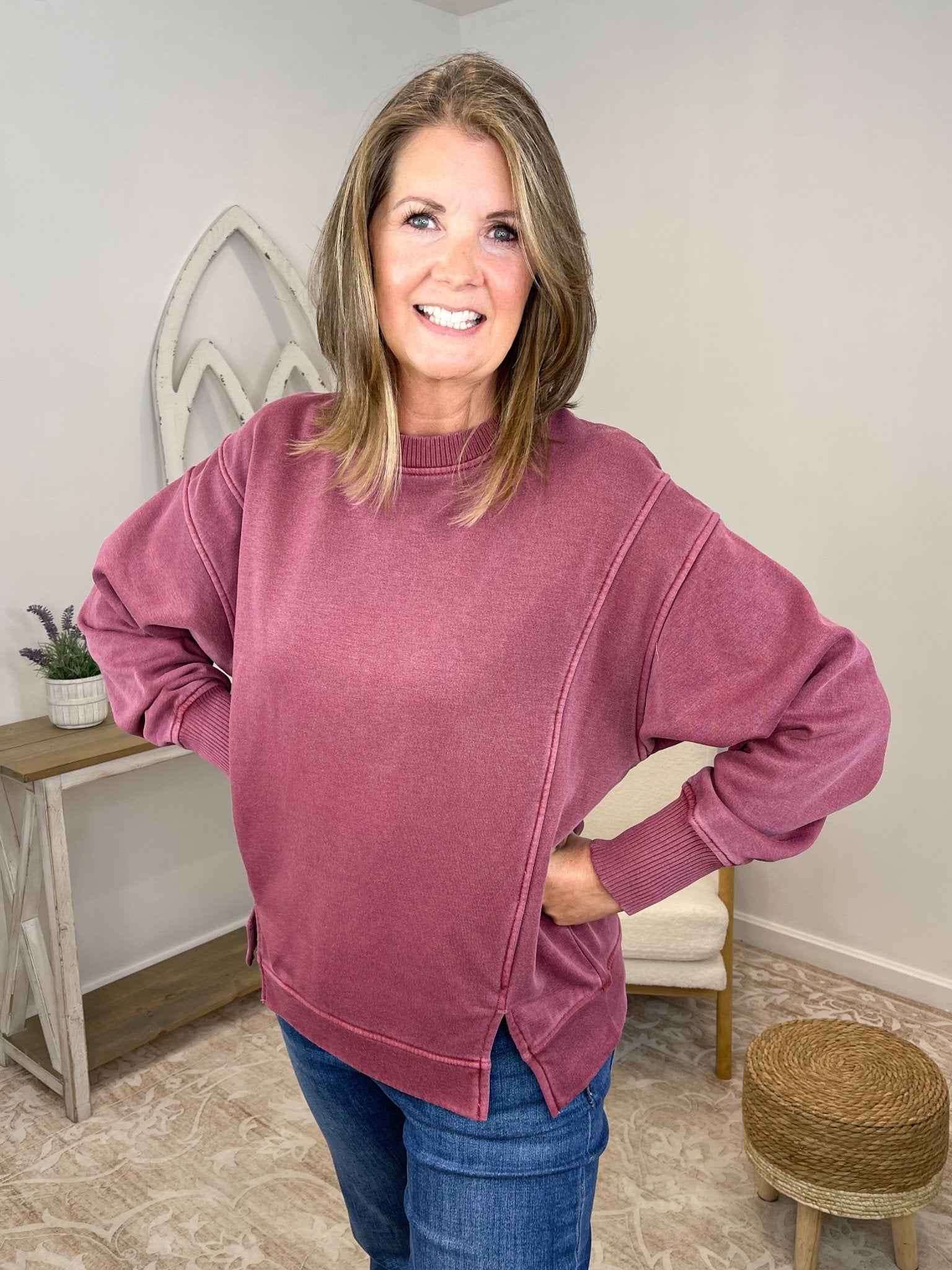 Vintage-Wash Exposed Seam Oversized Fleece Sweatshirt - Lavender HillsZenanaOTW-4577Y-NVY-S