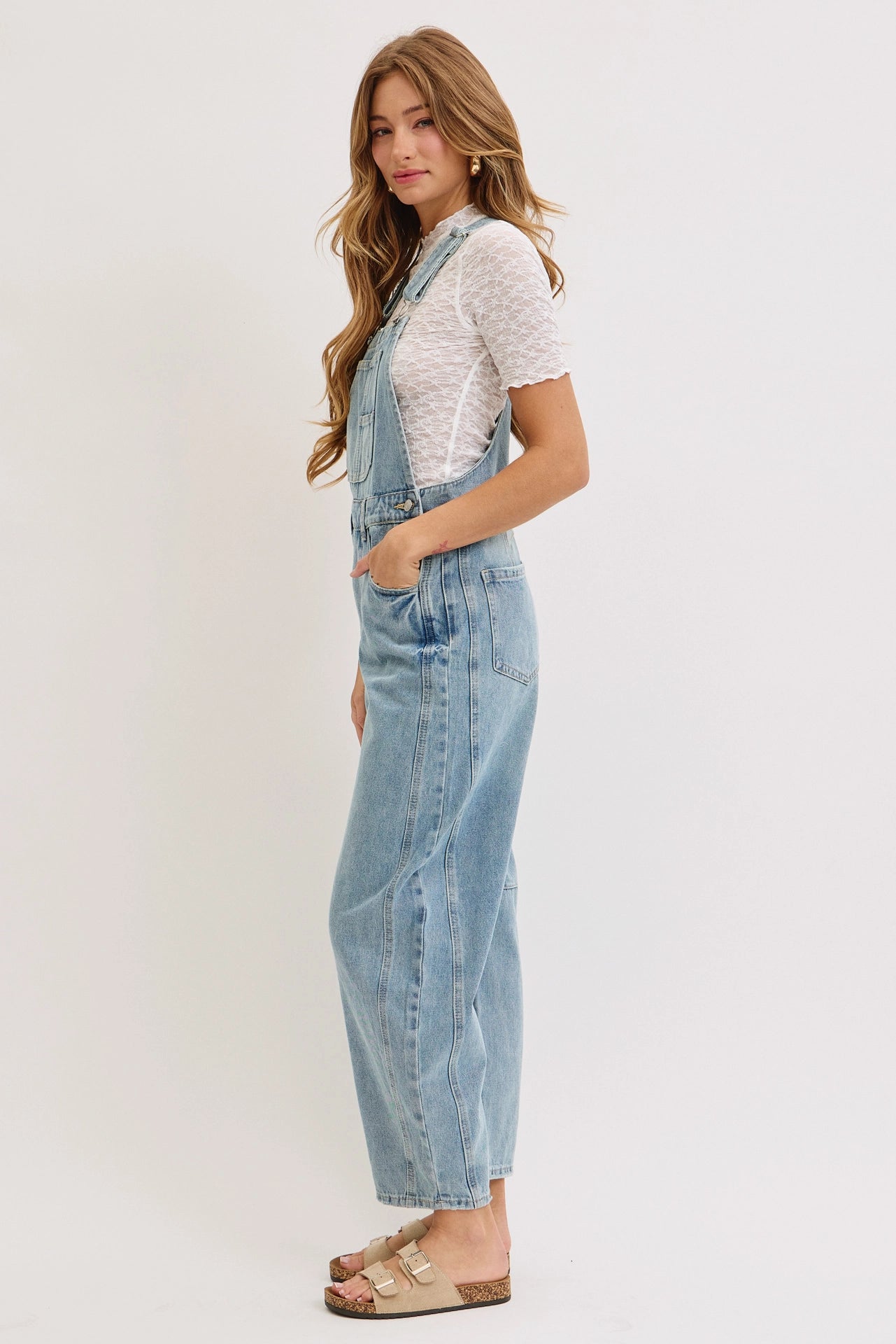 Washed Denim Barrel-Leg Overalls Jumpsuit