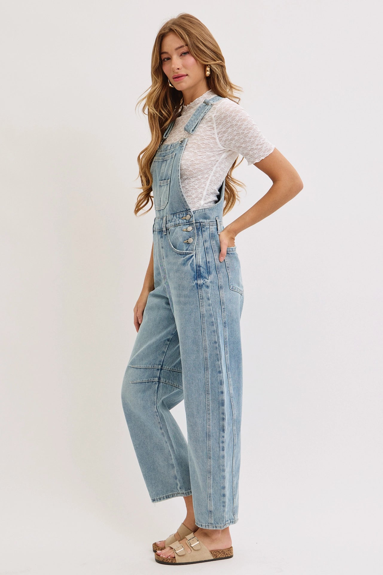 Washed Denim Barrel-Leg Overalls Jumpsuit