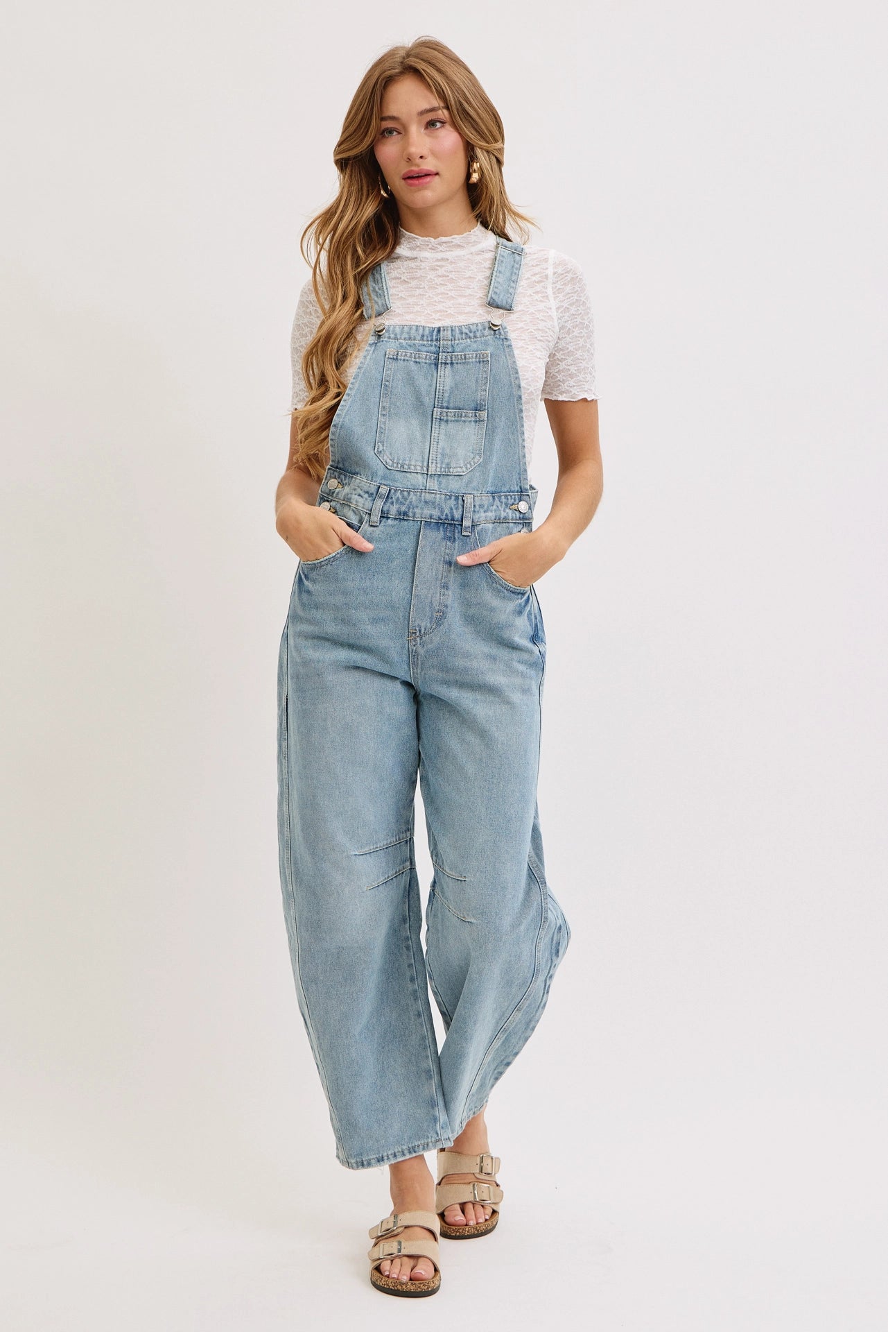 Washed Denim Barrel-Leg Overalls Jumpsuit