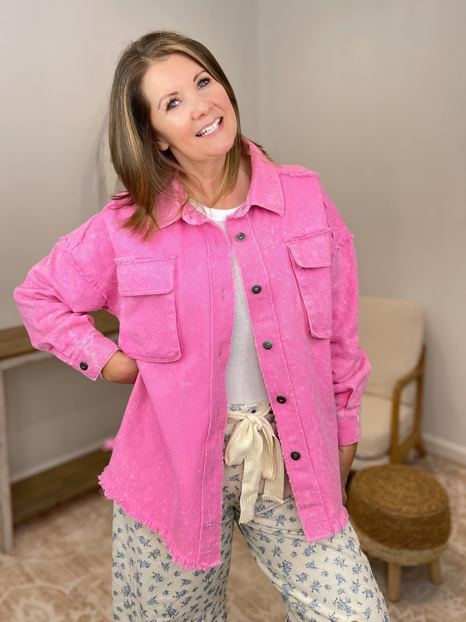 Washed Oversized Denim Chambray Jacket - Pink - Lavender Hills BeautyVery J