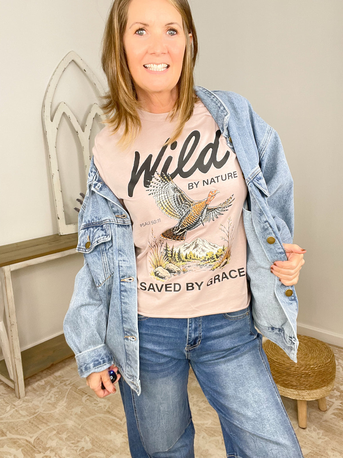 Wild by Nature Saved by Grace Christian Boxy Tee - Psalm 50:11 Graphic T-Shirt - Lavender HillsTallulah Bee ApparelWBNSG-S