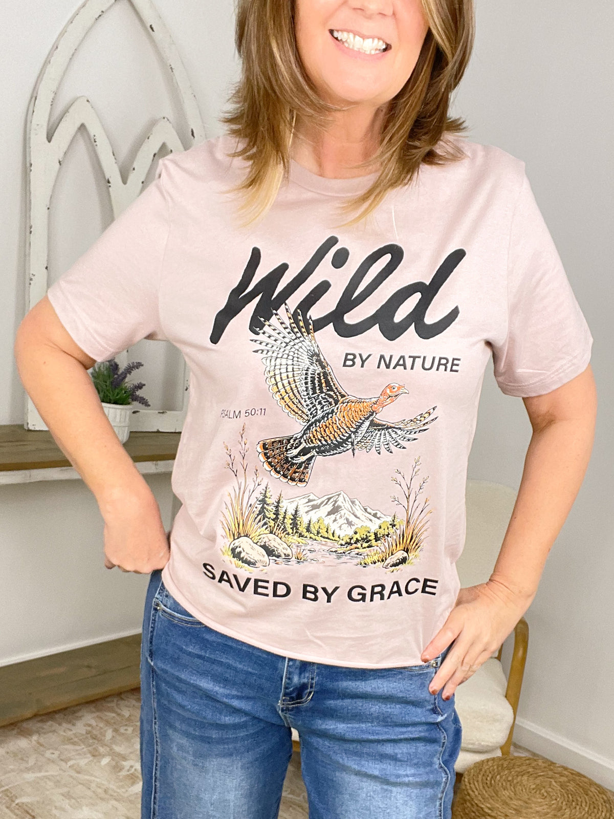 Wild by Nature Saved by Grace Christian Boxy Tee - Psalm 50:11 Graphic T-Shirt