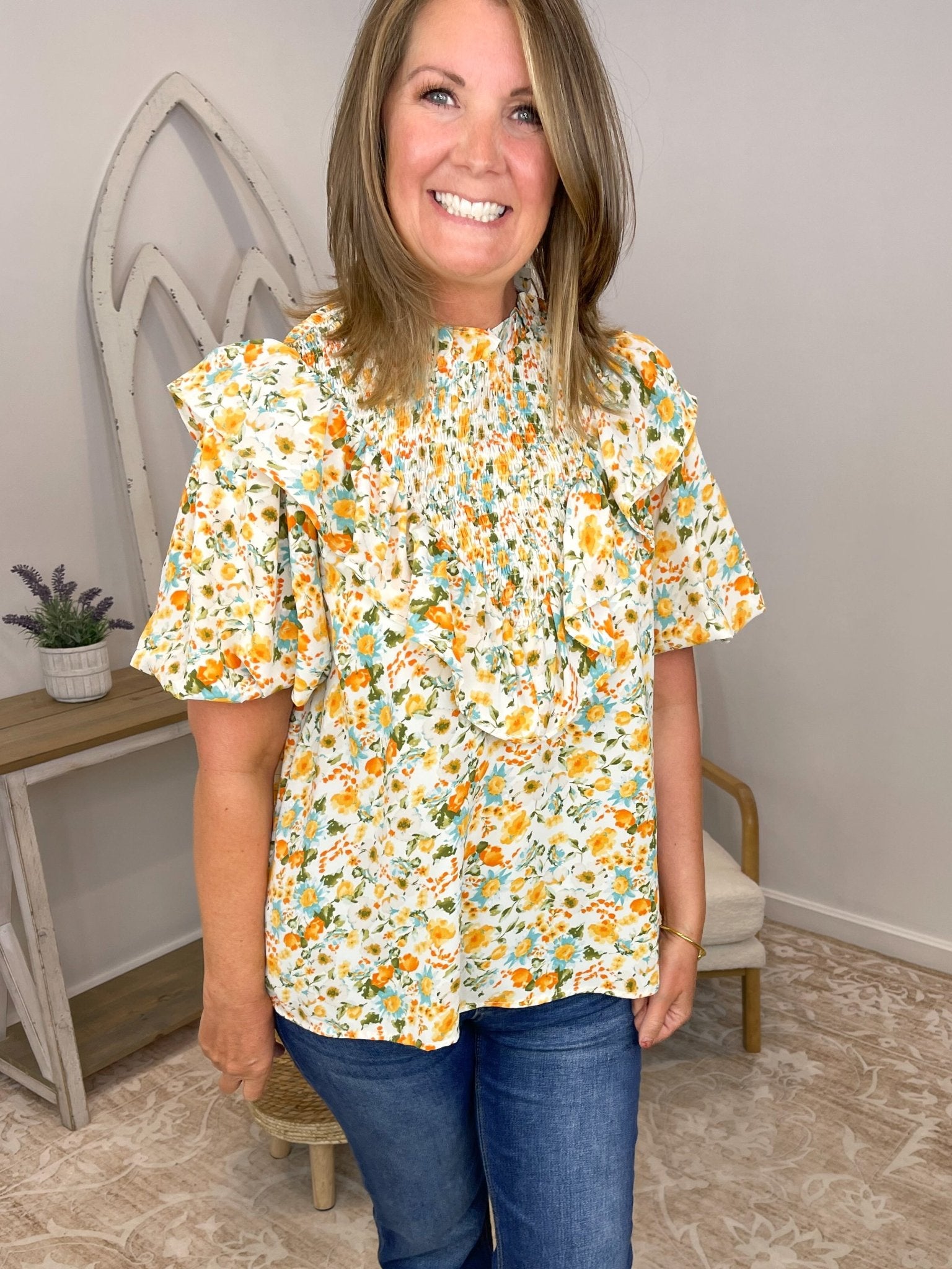 Yellow Ditsy Floral High Neck Smocked Ruffle Blouse - Lavender HillsEntroT23112-VAN-S