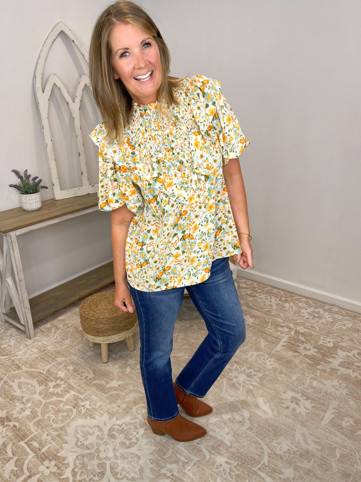 Yellow Ditsy Floral High Neck Smocked Ruffle Blouse - Lavender HillsEntroT23112-VAN-S