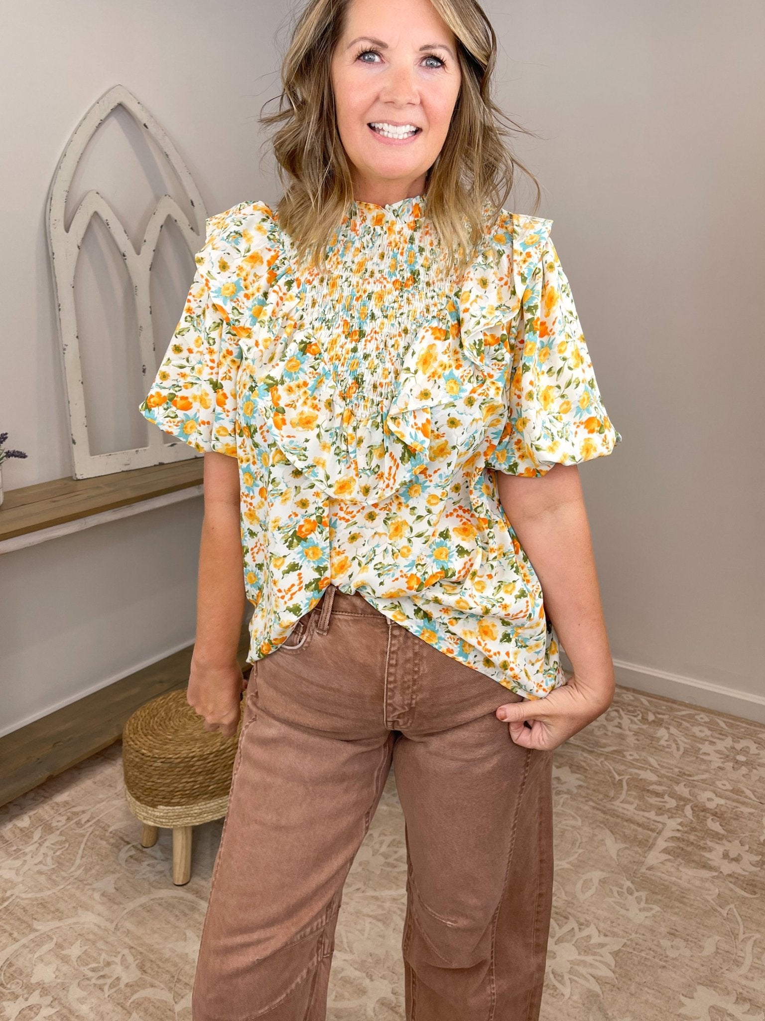 Yellow Ditsy Floral High Neck Smocked Ruffle Blouse - Lavender HillsEntroT23112-VAN-S
