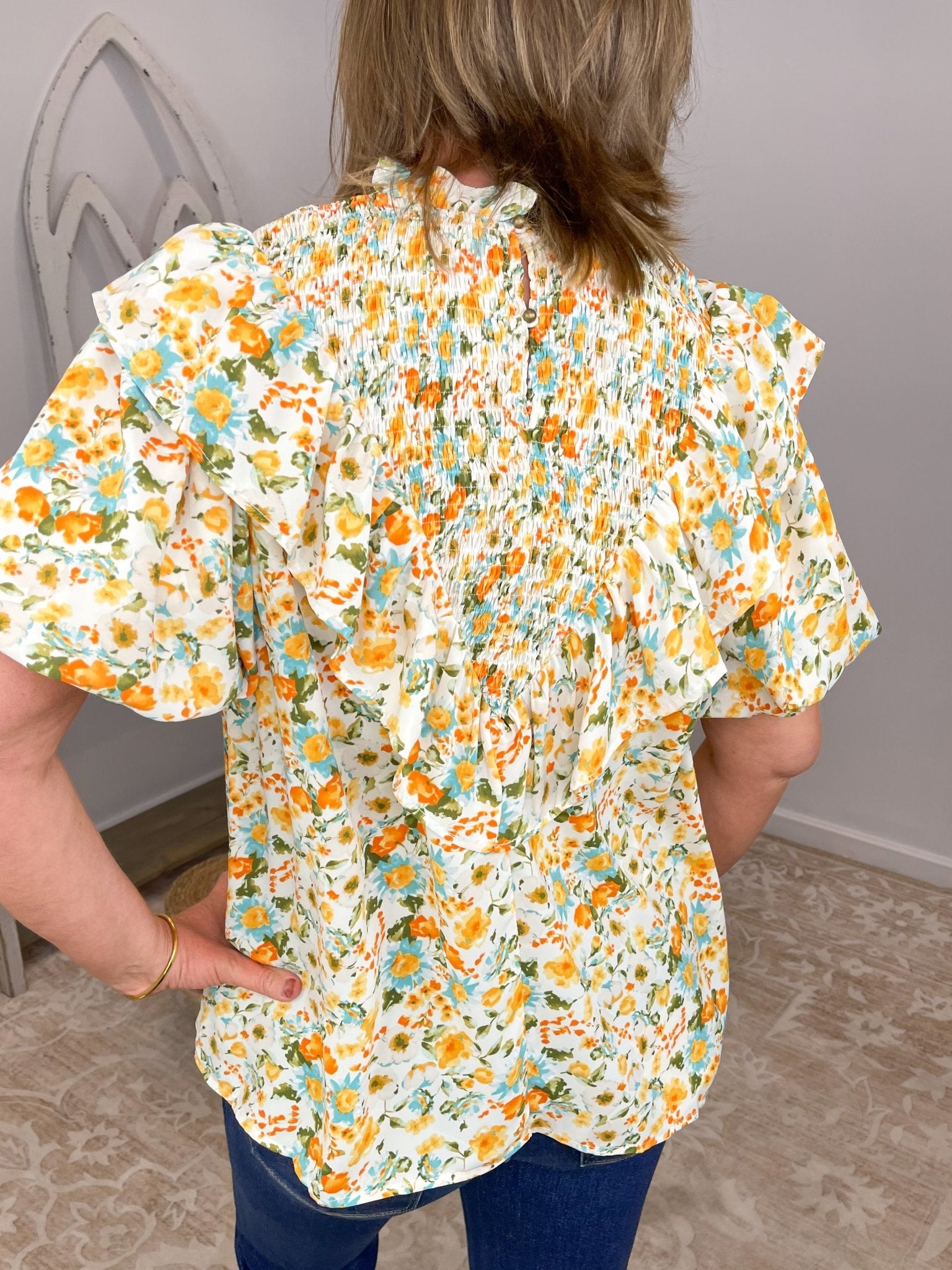 Yellow Ditsy Floral High Neck Smocked Ruffle Blouse - Lavender HillsEntroT23112-VAN-S