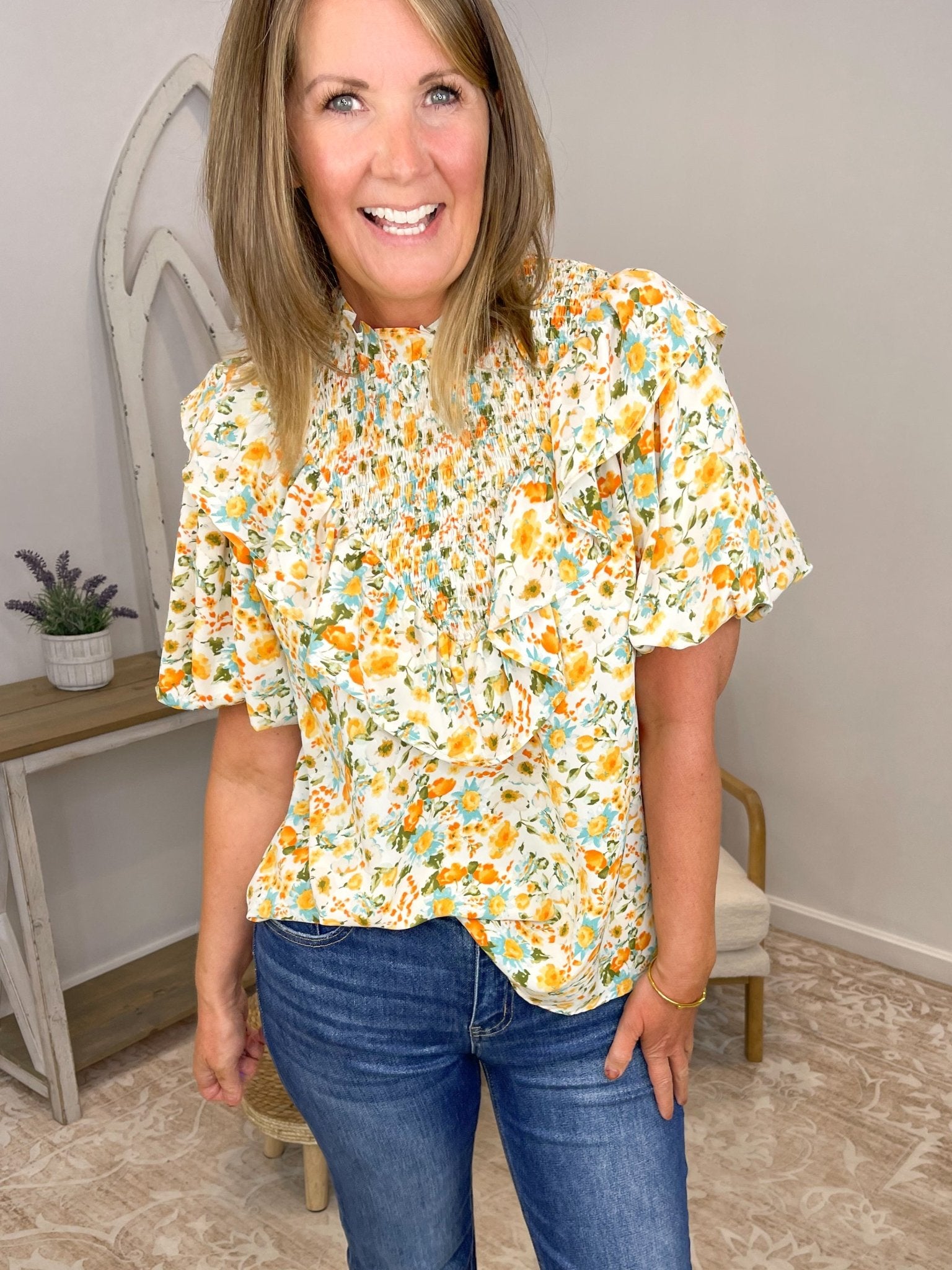 Yellow Ditsy Floral High Neck Smocked Ruffle Blouse - Lavender HillsEntroT23112-VAN-S
