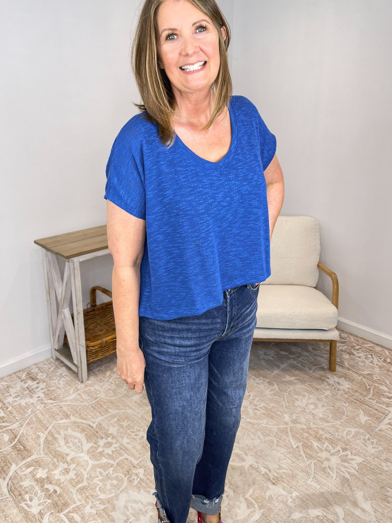 V - Neck Loosely Woven Boxy Fit Cropped Tee - Lavender HillsZenanaHT-2361A-TUP-S