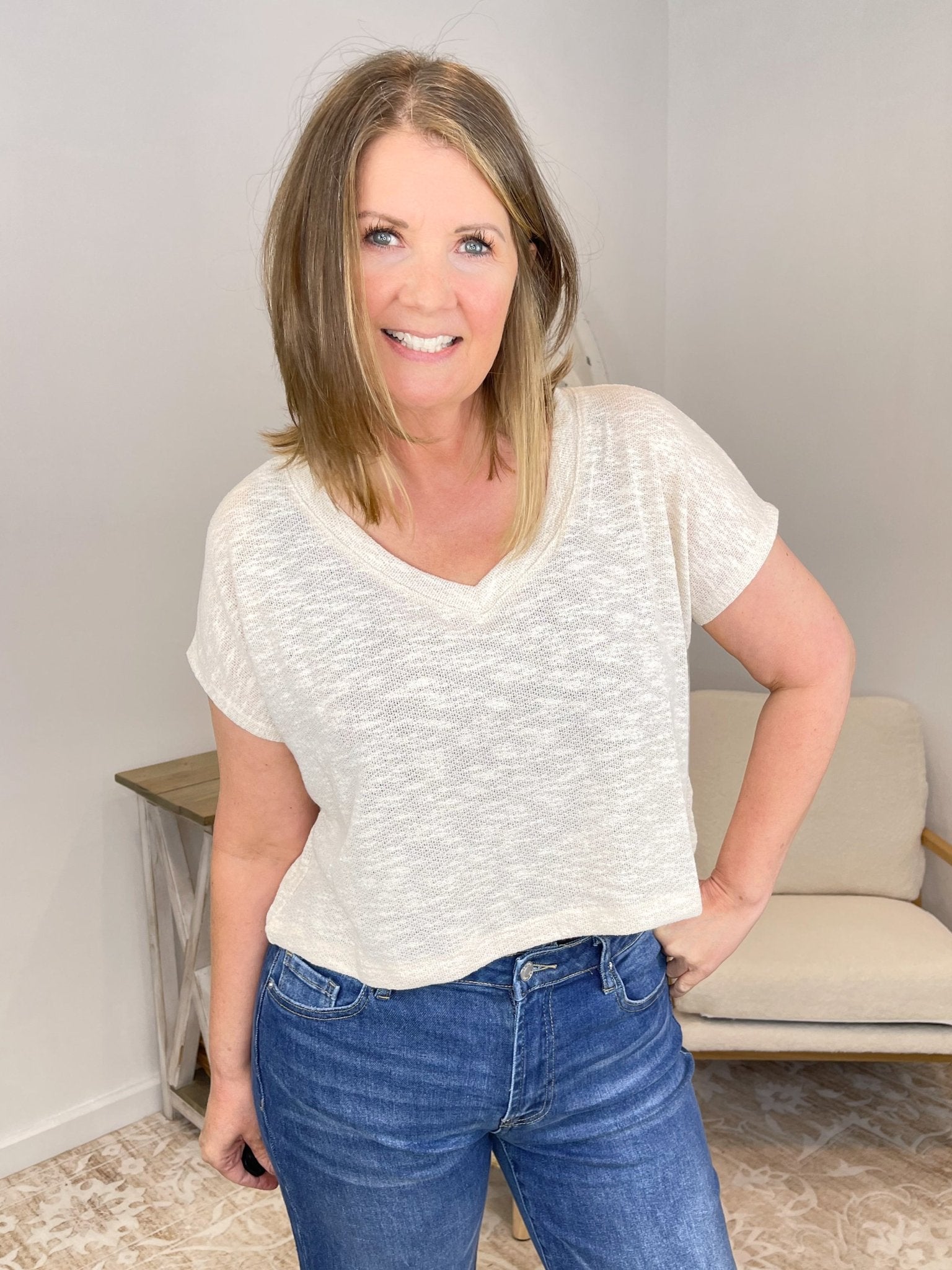 V - Neck Loosely Woven Boxy Fit Cropped Tee - Lavender HillsZenanaHT-2361A-RBLU-S