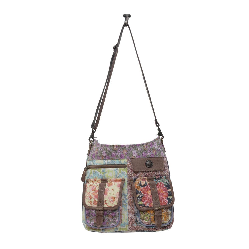 Le Fleur Bel | Boho Floral Patchwork Canvas & Leather Shoulder Bag - Lavender HillsMyra BagS-6395