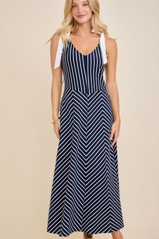 Navy & White Modern Striped Tie - Shoulder A - Line Midi Dress - Lavender Hills BeautyMain StripLD53103-NVY-S