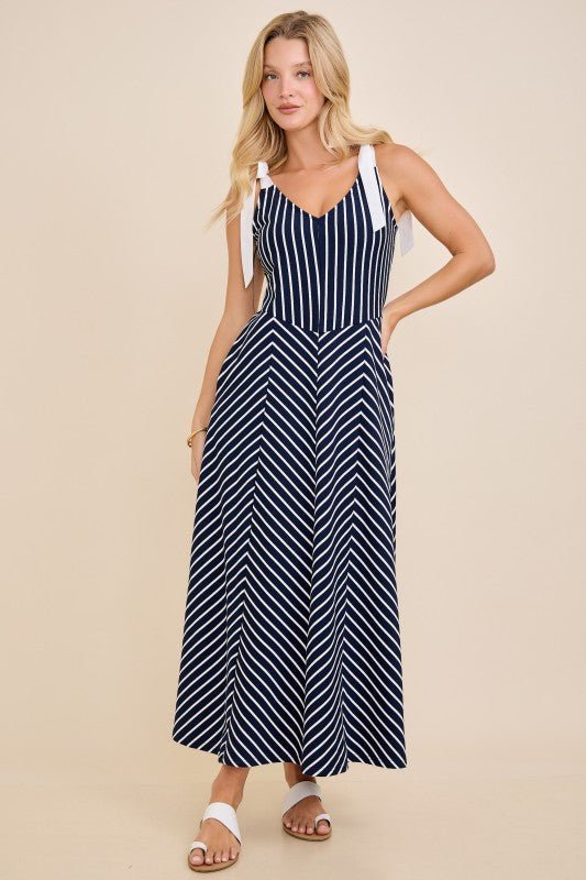 Navy & White Modern Striped Tie - Shoulder A - Line Midi Dress - Lavender Hills BeautyMain StripLD53103-NVY-S
