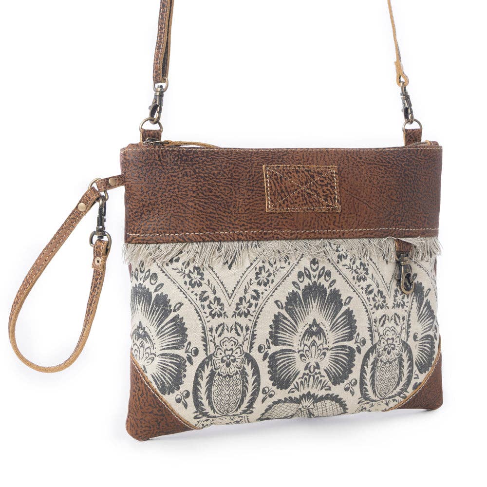 Vintage Floral Canvas & Leather Crossbody Wristlet Bag - Lavender HillsMyra BagS-2576