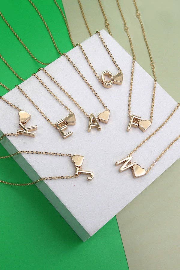 Monogram Initial with Heart Charm Brass Necklace - Lavender Hills BeautyJOSSLYN by wall to wall80N150-E