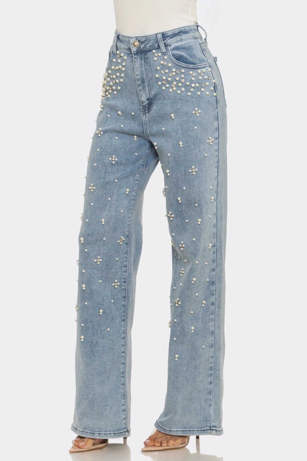Pearl Embellished Wide Leg Jeans - Lavender HillsLA Girl