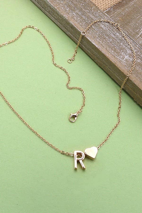 Monogram Initial with Heart Charm Brass Necklace - Lavender Hills BeautyJOSSLYN by wall to wall80N150-R