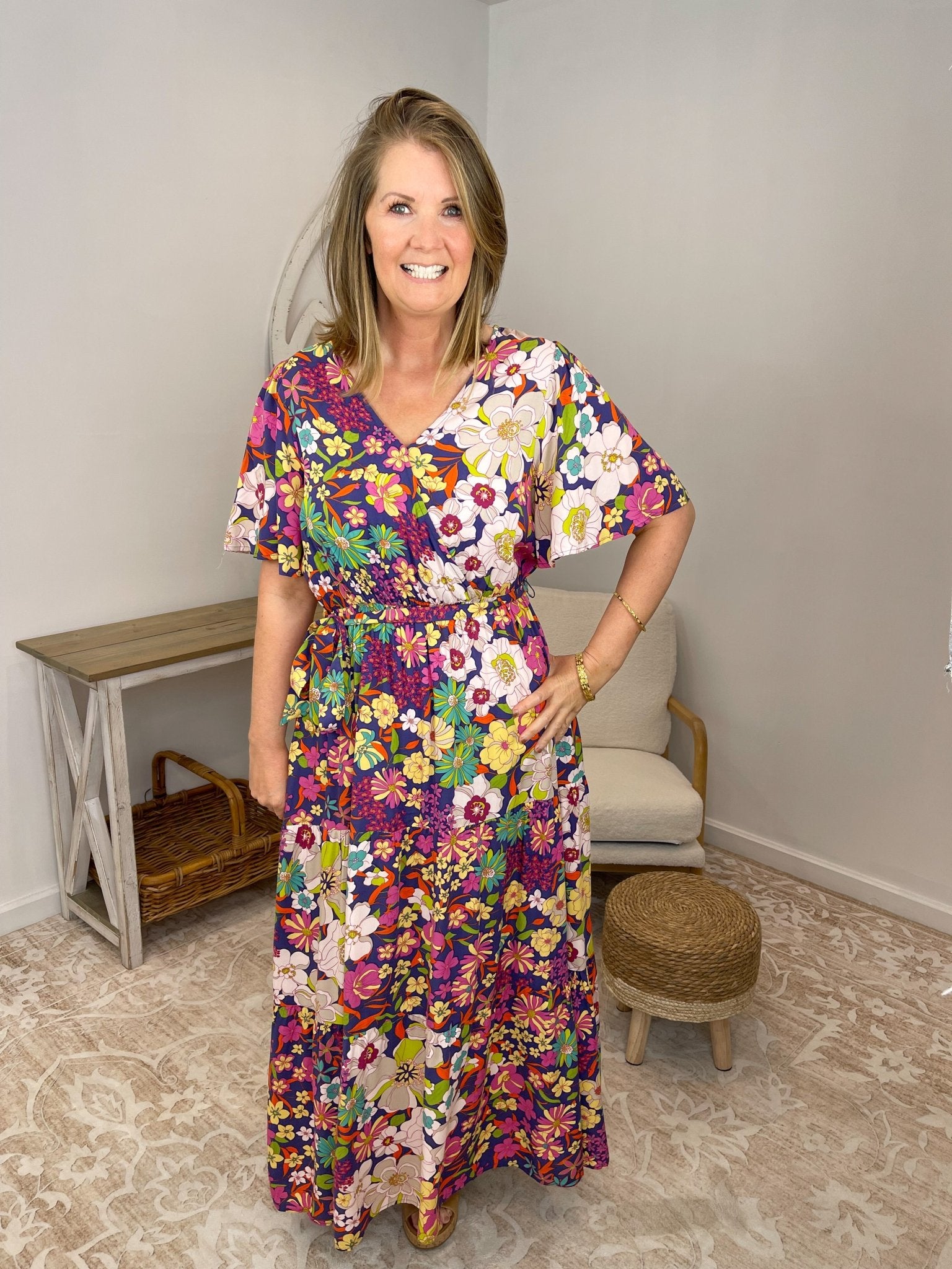 Midnight Garden Floral Maxi Dress - Boho V - Neck Wrap with Pockets - Lavender HillsEaselED71116A-S