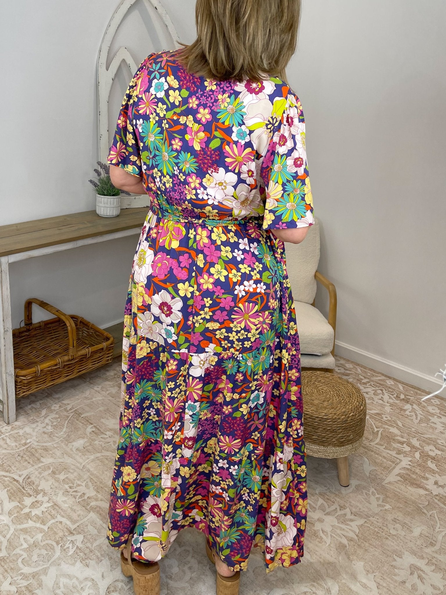 Midnight Garden Floral Maxi Dress - Boho V - Neck Wrap with Pockets - Lavender HillsEaselED71116A-S