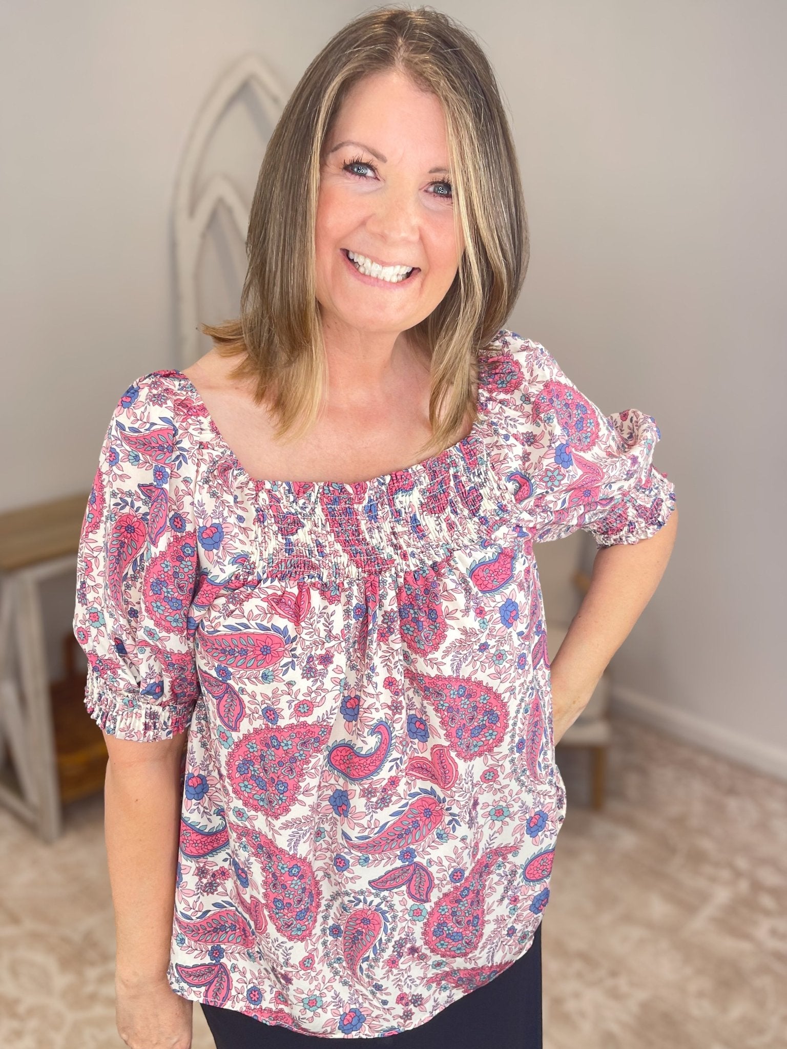 Mauve Paisley Smocked Square Neck Puff Sleeve Top - Lavender Hills BeautyEaselET23258-NAT-S
