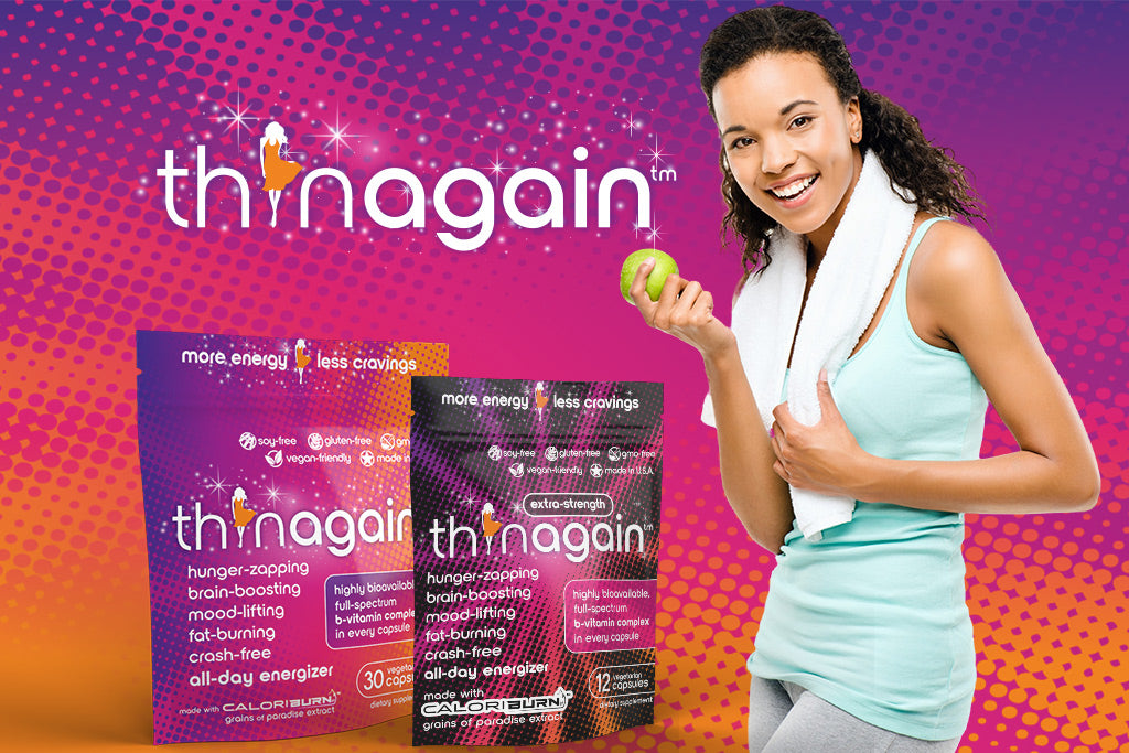Woman holding a green apple with 'thinagain' product packaging on a colorful background