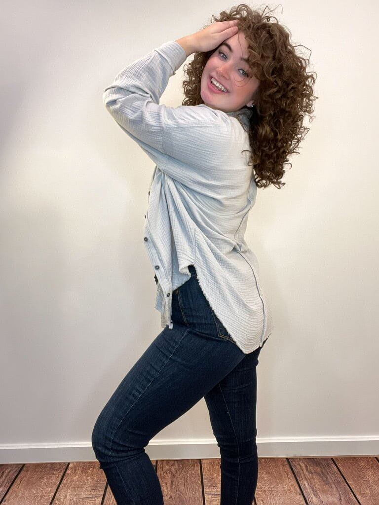 Gauze Button Down Long Sleeve Top - Light Grey - Lavender Hills BeautyZenana