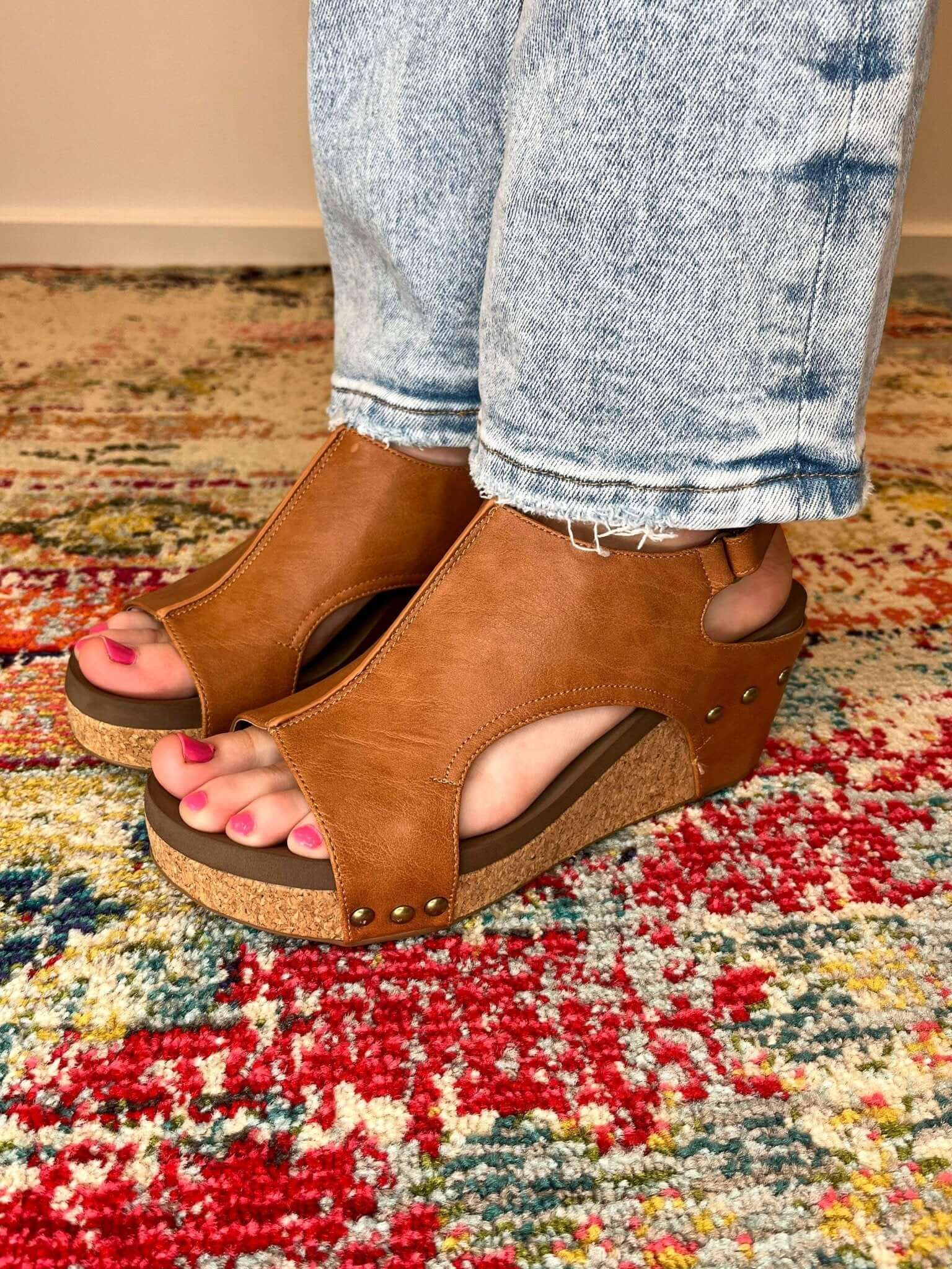 Carley Wedge Sandal - Cognac Smooth - Lavender Hills BeautyCorkys Footwear30-5316-CGSM-Q-6