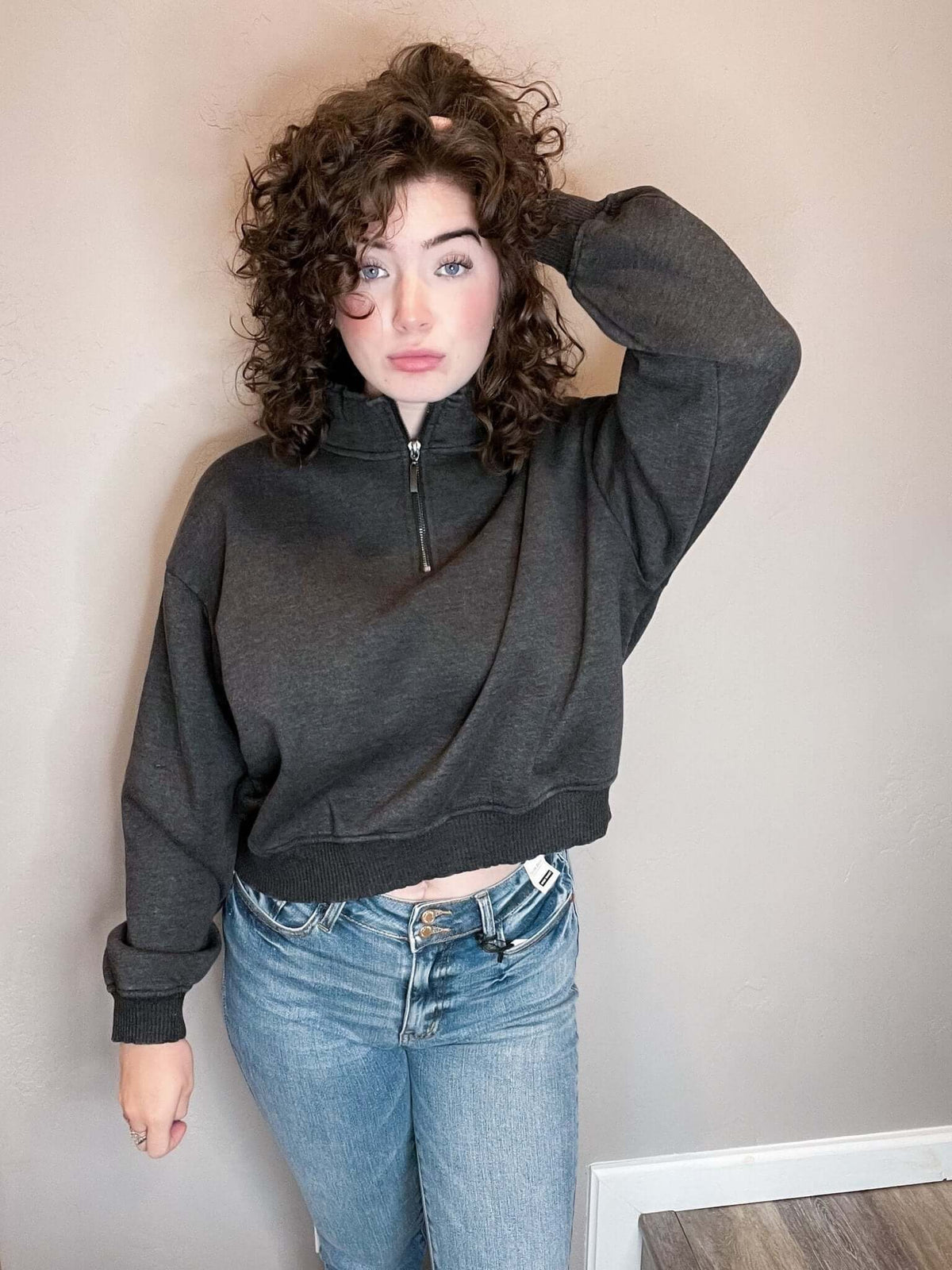 Cropped Acid Wash Half Zip Sweatshirt - Ash Black - Lavender Hills BeautyZenana