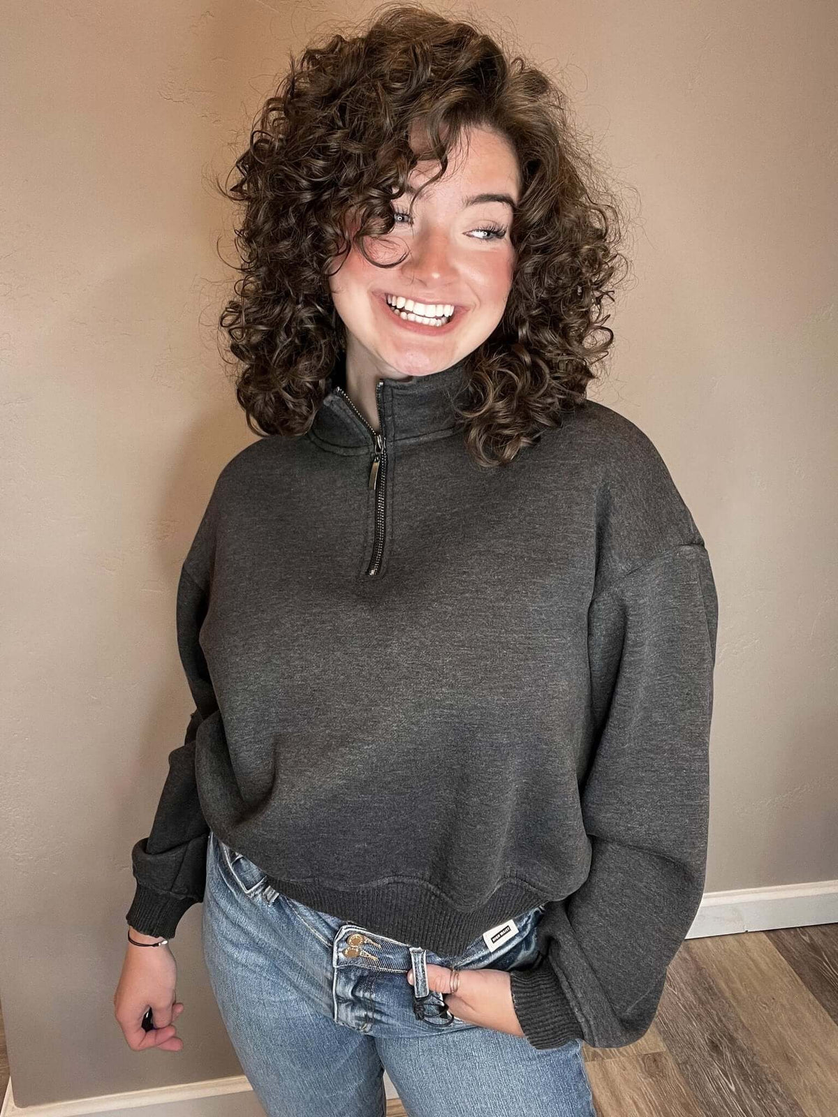 Cropped Acid Wash Half Zip Sweatshirt - Ash Black - Lavender Hills BeautyZenana