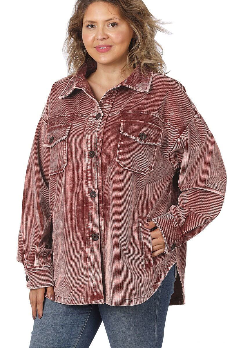 Vintage Washed Corduroy Shacket - Brick Red - Lavender Hills BeautyZenana